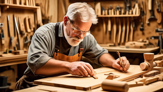 Create an image of a skilled adult woodworker using advanced woodworking techniques, such as intricate joinery or intricate wood carving, in a well-equipped workshop setting. The woodworker should be focused and engrossed in their craft, surrounded b