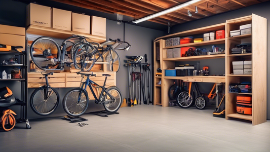 Create an image of a spacious, organized garage with a storage lift system in place, showcasing how it maximizes space and neatly stores items such as bicycles, tools, and boxes. The image should illustrate the benefits of using storage lift systems 