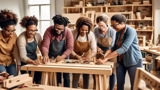 Create an image of a diverse group of educators participating in an online carpentry class, learning how to use different tools and materials to build small wooden projects. The image should convey a sense of community, collaboration, and learning fr