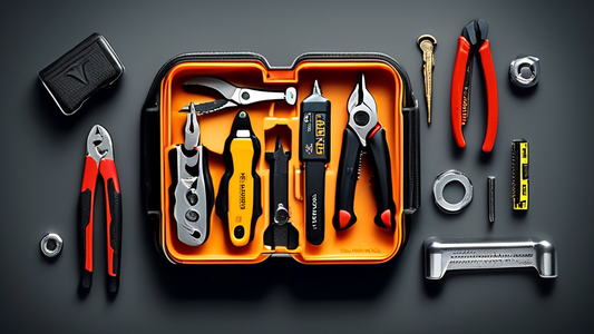 Create an image of a compact tool kit showcasing the top 7 essential tools for smaller spaces, such as a multitool, screwdriver set, hammer, pliers, tape measure, and adjustable wrench neatly arranged in a compact and organized case. The tools should