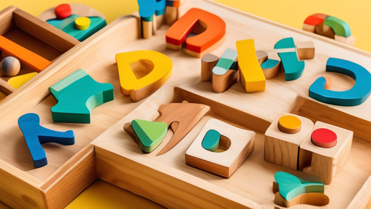 Create an image of a whimsical, interactive wooden toy set featuring alphabet blocks, colorful puzzles, and animal shapes, designed specifically for teachers and parents to engage children in fun and educational play. The set should showcase creativi