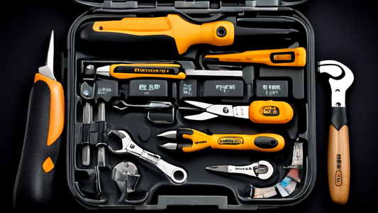 Create an image of a compact tool kit featuring essential tools such as a screwdriver, pliers, hammer, measuring tape, and wrench neatly organized in a small and efficient case, placed in a tight space like a drawer or a small cabinet to showcase its