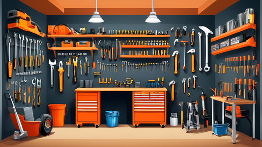 Create an illustration of a neatly organized garage tool area with heavy-duty organizers. Show various tools such as hammers, wrenches, drills, screws, and nails neatly arranged in labeled compartments or hanging on hooks. The image should convey a s