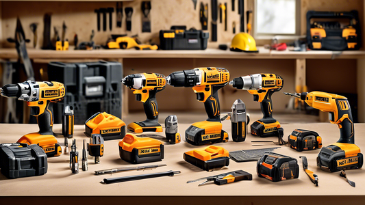 Create an image of a professional contractor's workspace filled with top contractor-approved power tool combo kits neatly organized on a workbench, showcasing a variety of high-quality and versatile tools such as drills, saws, and impact drivers. The