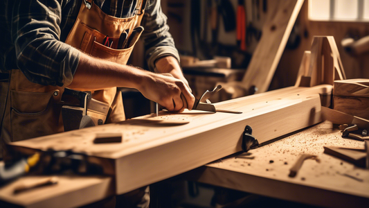 Create an image of a person working on a DIY carpentry project, using essential tools and materials such as wood, nails, hammer, saw, and measuring tape. The person should be focused and engaged in the creative process, showcasing the essential skill