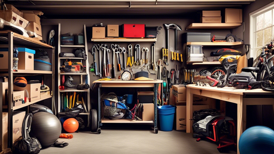 Create an image of a cluttered garage filled with boxes, tools, and sports equipment. Show overhead storage racks utilized to maximize space, neatly organizing items such as camping gear, holiday decorations, and seasonal items. Display a ladder or s