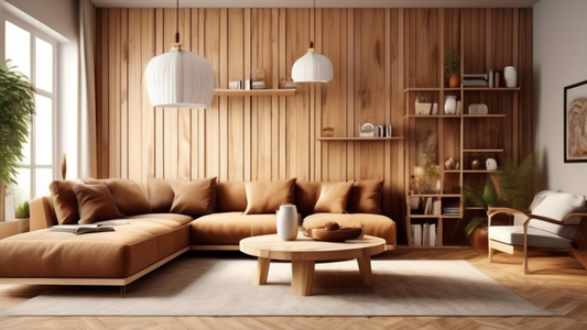 Create an image of a cozy and stylish living room featuring handmade wooden furniture and decor pieces crafted using carpentry tips from the article. The room should showcase a mix of elegant and practical designs, such as a unique coffee table, deco