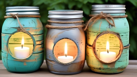 Create an image of a whimsical and eco-friendly upcycled gift idea, such as a set of hand-painted mason jars turned into rustic candle holders, showcasing the beauty and sustainability of repurposed materials.