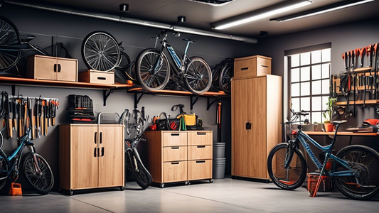 Create an image of a spacious garage with a loft storage solution featuring efficient shelving and cabinets, maximizing vertical space while keeping the area organized and clutter-free. Show tools neatly arranged, bicycles hanging from hooks, and box