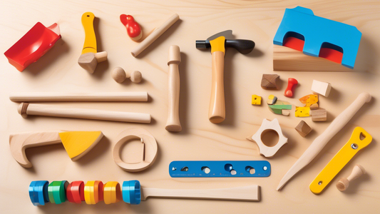 Create an image of a colorful and engaging carpentry kit designed for kids, featuring a variety of child-friendly tools such as a miniature hammer, safety goggles, a small saw, and wooden pieces ready to be assembled. The kit should be displayed on a