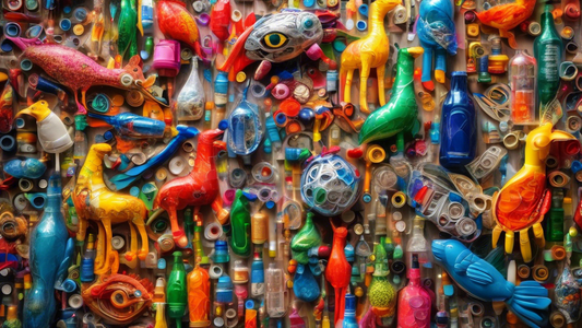 A whimsical image of a colorful, intricate sculpture made entirely from various types of upcycled plastic waste materials, such as bottles, bags, and containers. The sculpture should showcase the endless possibilities of turning unwanted plastic tras