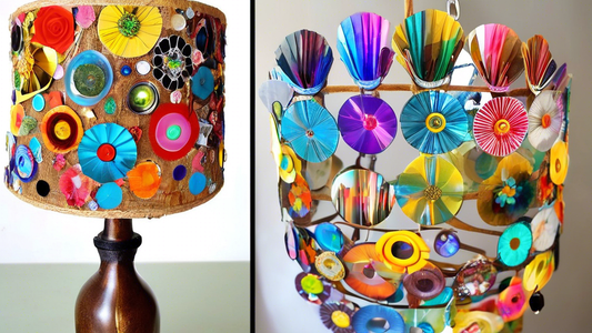 Create an image of a colorful and vibrant upcycled home decor piece made from repurposed household items, such as a lampshade made from old CDs, a vase made from recycled glass bottles, or a wall hanging crafted from salvaged wood and fabric scraps. 