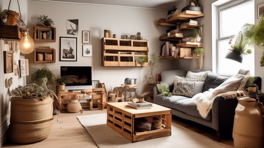 Create an image of a cozy and stylish room in a small apartment, showcasing unique upcycled storage solutions. The room should feature cleverly repurposed items such as crates, baskets, and shelves made from recycled materials, all arranged in an aes