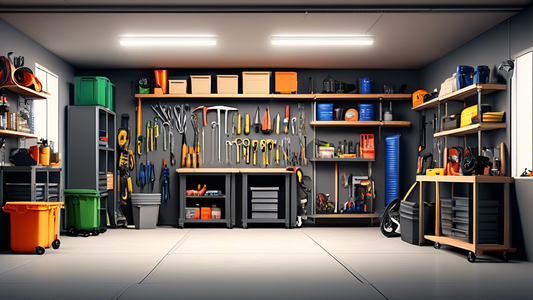 Create an image of a neatly organized garage with various modular storage units, shelves, and containers to illustrate maximizing garage space efficiency. Show a variety of tools, gardening supplies, sports equipment, and other items neatly stored in
