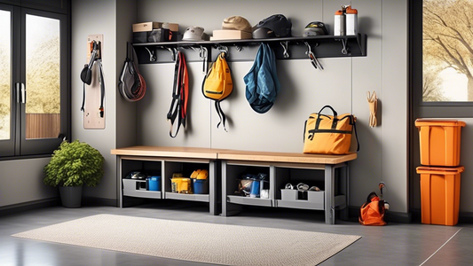 Create an image of a modern garage storage bench with hooks, showcasing various items neatly organized on the hooks and inside the bench. Show how this space-saving solution can declutter a garage and provide efficient storage for tools, sports equip