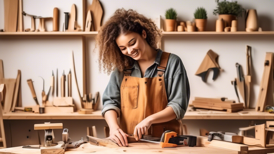 Create an image of a beginner woodworker in their workshop, surrounded by basic tools like saws, hammers, and measuring tapes, working on a simple yet stylish wooden project such as a small shelf or a wooden plant stand. The workshop should have a co