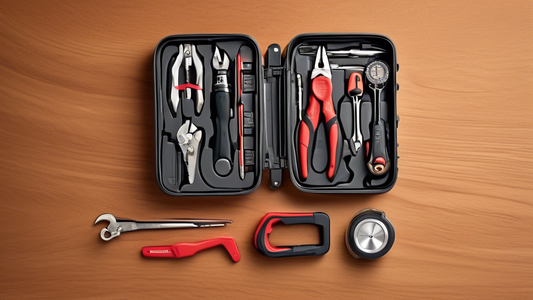 Create an image of a compact and organized portable tool set, featuring seven essential tools arranged neatly in a sturdy and easy-to-carry case. The tools should represent a variety of types, such as screwdrivers, wrenches, pliers, and a tape measur
