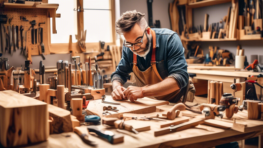 Create an image of a DIY enthusiast in a workshop, surrounded by various woodworking tools and materials. The enthusiast is using a creative, unconventional technique to sculpt a piece of wood, showcasing unique woodworking tips in action. The worksh