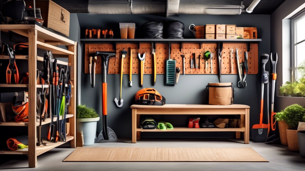 Create an image of a garage interior with a storage bench and hooks neatly organizing various tools, sports equipment, and gardening supplies. The storage bench should be positioned against the wall with hooks above it, showcasing a perfectly organiz