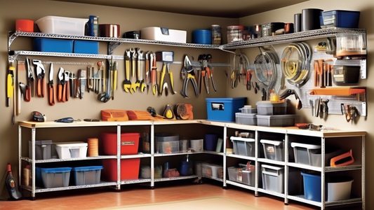 Create an image of a cluttered garage corner transformed with the addition of stylish and efficient storage shelves. Show various tools, equipment, and boxes neatly organized on the shelves, with labels for easy identification. The shelves should be 