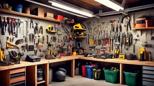 Create an image of a neatly organized garage filled with various tools and equipment hung up on a pegboard system. The pegboard should be labeled and color-coded for different categories of items, such as gardening tools, automotive supplies, and spo
