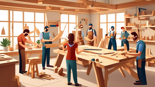 Create an image of a virtual classroom setting where educators are engaged in learning online carpentry skills, with tools and wood materials displayed around them. Show the educators interacting with each other and the instructor while working on ha
