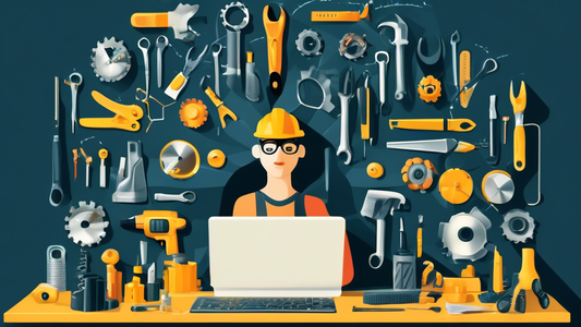 Create an image of a person surrounded by various tools and equipment in a well-organized and efficient manner, showcasing the concept of mastering tool combinations for peak productivity. The person should appear focused and engaged in using the too