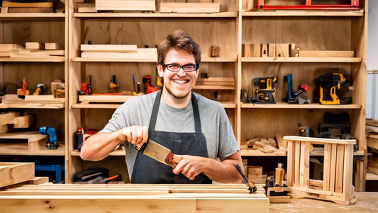 Create an image of a beginner woodworker in a workshop, happily crafting a simple wooden project like a small toolbox or picture frame. The workshop should be filled with various woodworking tools and materials, highlighting the process of learning a