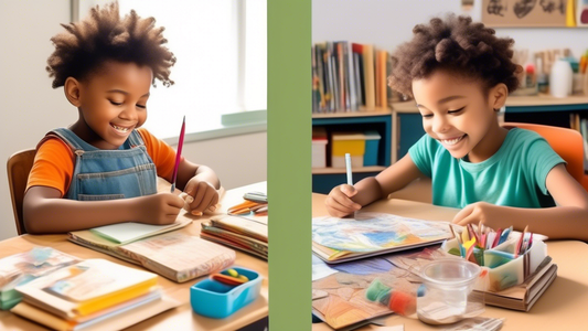 Create an image of a child sitting at a desk made entirely out of repurposed household items, such as a cereal box turned into a pencil holder, old jars repurposed as storage containers, and a chair made of recycled wood. The child is happily engaged