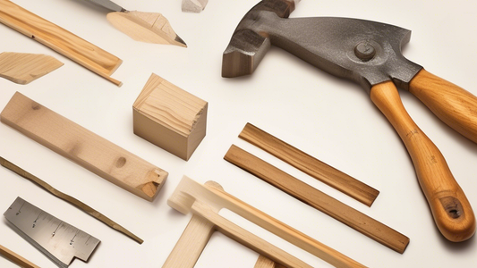 Create an image of a detailed step-by-step guide on carpentry, showing tools such as hammer, chisel, saw, measuring tape, and wood pieces at different stages of creation. The image should include a progression from raw materials to a finished project