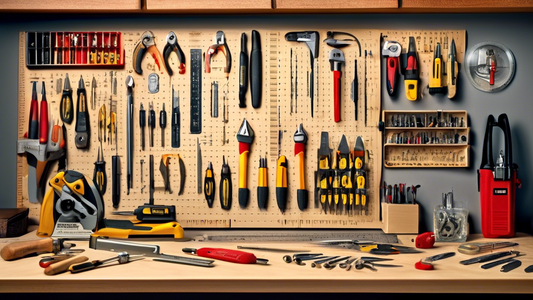 Create an image of a well-organized workbench showcasing top hand tools for precision work, including a set of precision screwdrivers, precision measurement tools like calipers and rulers, high-quality pliers, a magnifying glass, and a small handheld