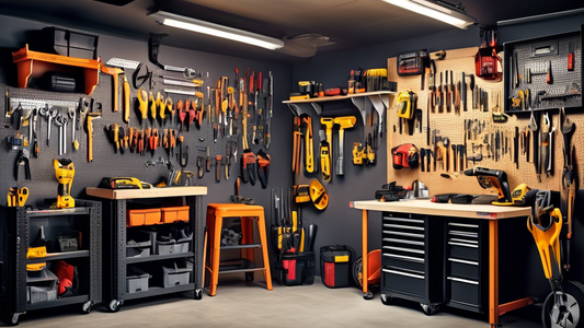Create an image of a neatly organized garage filled with various tool storage solutions, such as pegboards, wall-mounted racks, labeled bins, and tool cabinets. Show a diverse range of tools neatly arranged and easily accessible, showcasing an effici