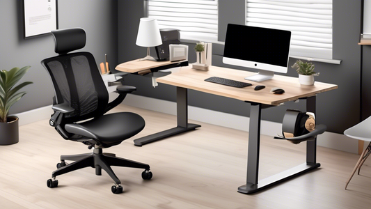 Create an image of a modern, organized office desk setup with five essential ergonomic tools that promote comfort and efficiency. Include a comfortable ergonomic chair, an adjustable standing desk converter, a wrist rest for a keyboard and mouse, a m