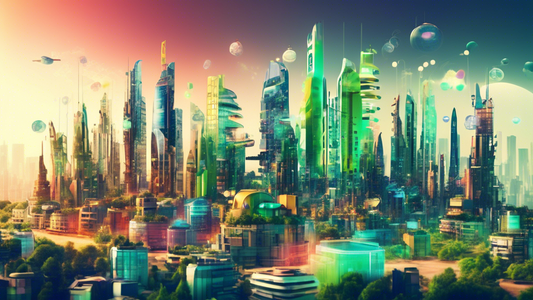 Create an image of a futuristic city skyline with buildings made entirely out of upcycled materials, showcasing innovative sustainable architecture and design concepts that promote a greener planet.