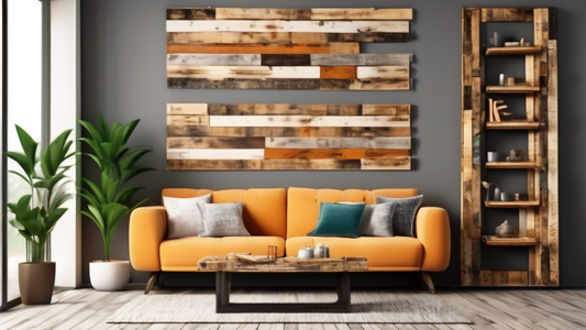 Create an image of a stylish living room decorated with upcycled items such as repurposed pallet wood shelves, a coffee table made from reclaimed doors, and a wall art piece crafted from recycled materials. Show the room exuding creativity and sustai