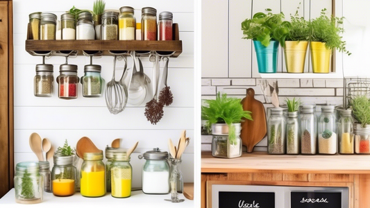 Create an image of a colorful and organized kitchen filled with unique upcycled items. Show a wall-mounted spice rack made from repurposed jars, a storage bin made from old wooden crates, a chandelier crafted from kitchen utensils, and a plant holder