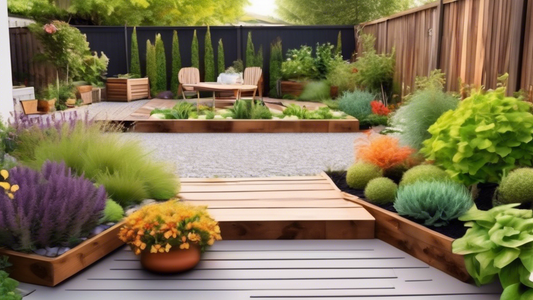 Create an image of a cozy backyard garden with a variety of affordable landscaping elements such as vegetable garden beds, decorative rocks, potted plants, and a DIY wooden deck for relaxing outdoors. The scene should exude a sense of tranquility and