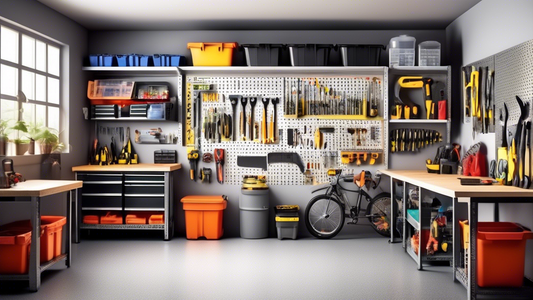 Create an image of a tidy and organized garage with labeled storage bins for tools and equipment, a pegboard displaying neatly-hung tools, a workbench with clear workspace, and a neatly-swept floor. Include elements such as shelves, cabinets, and hoo