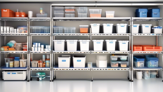 Create an image of a neatly organized garage filled with various storage containers. Show different types of containers like clear plastic bins, stackable drawers, and labeled boxes, all neatly arranged on shelves. Ensure the garage looks spacious an