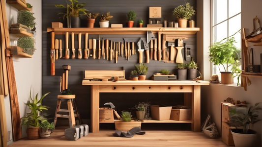 Create an image of a cozy workshop space filled with beginner-friendly woodworking projects, such as a simple wooden bench, a decorative shelf, and a small planter box. Include essential tools like a hammer, saw, measuring tape, and safety goggles to