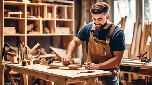 Create an image of a beginner carpenter in a workshop setting, surrounded by tools, materials, and a variety of DIY carpentry project ideas such as a wooden coffee table, floating shelves, a picture frame, a birdhouse, and a wooden serving tray. The 